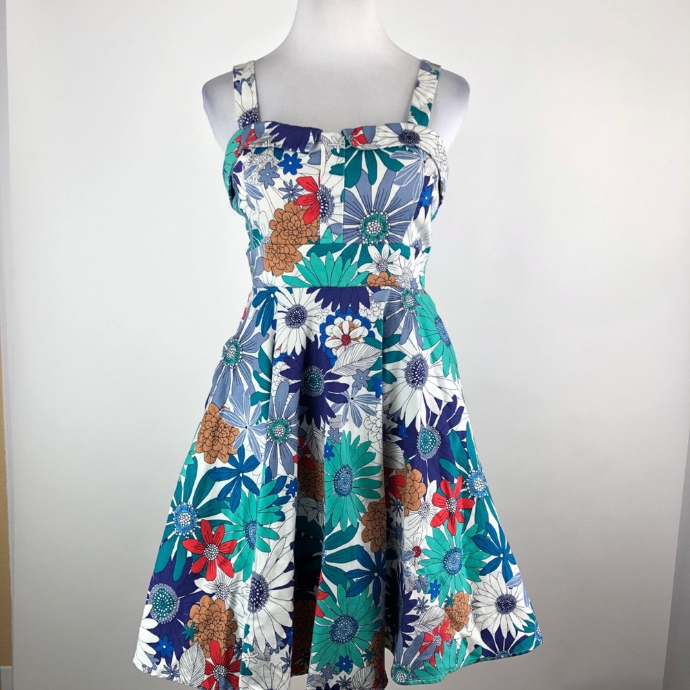 Ixia ModCloth White and Blue Floral Retro Pin Up Fit & Flare Dress size Large
